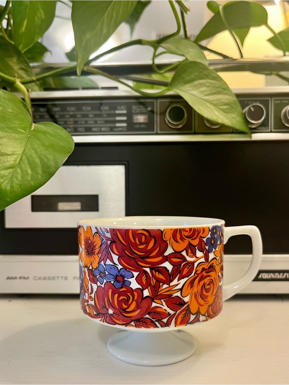 MCM Vibrant Orange & Red Floral Pedestal Mug